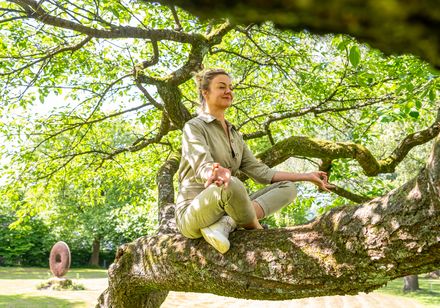 Woman sitting in yoga pose on a tree